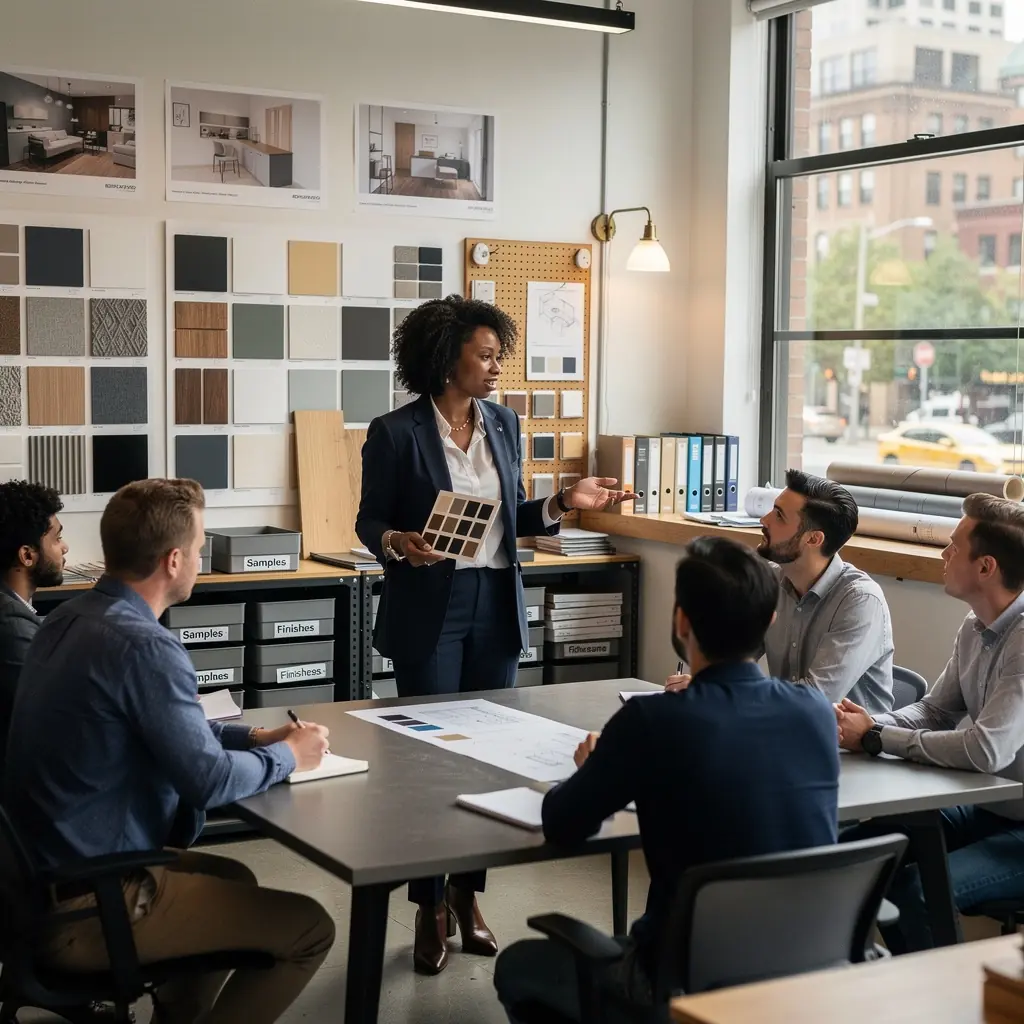 Przykład ściany akustycznej w biurze, która poprawia komfort pracy i prywatność.