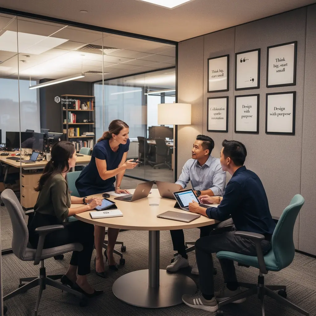 Przytulna przestrzeń do pracy z kolorowymi akcentami i roślinami doniczkowymi.