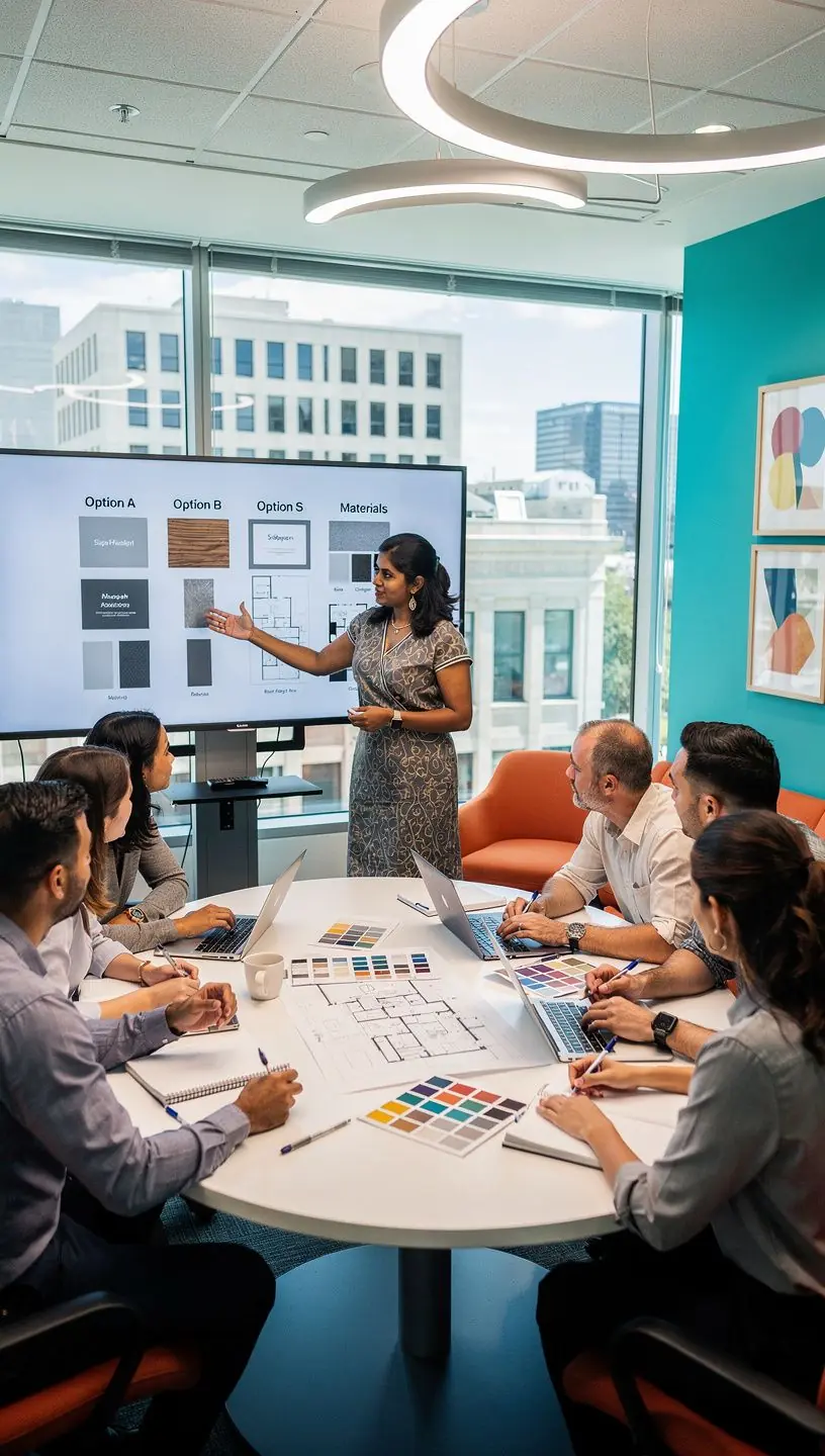 Zestawienie materiałów wykończeniowych w biurze, podkreślające markowy styl.