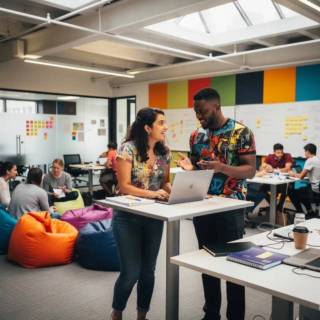 Kreatywne przestrzenie wspólne w biurze, zachęcające do współpracy i innowacji.