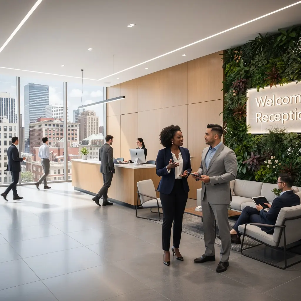 Zbliżenie na kolorowe tablice informacyjne umieszczone w biurze, harmonizujące z wystrojem wnętrza.