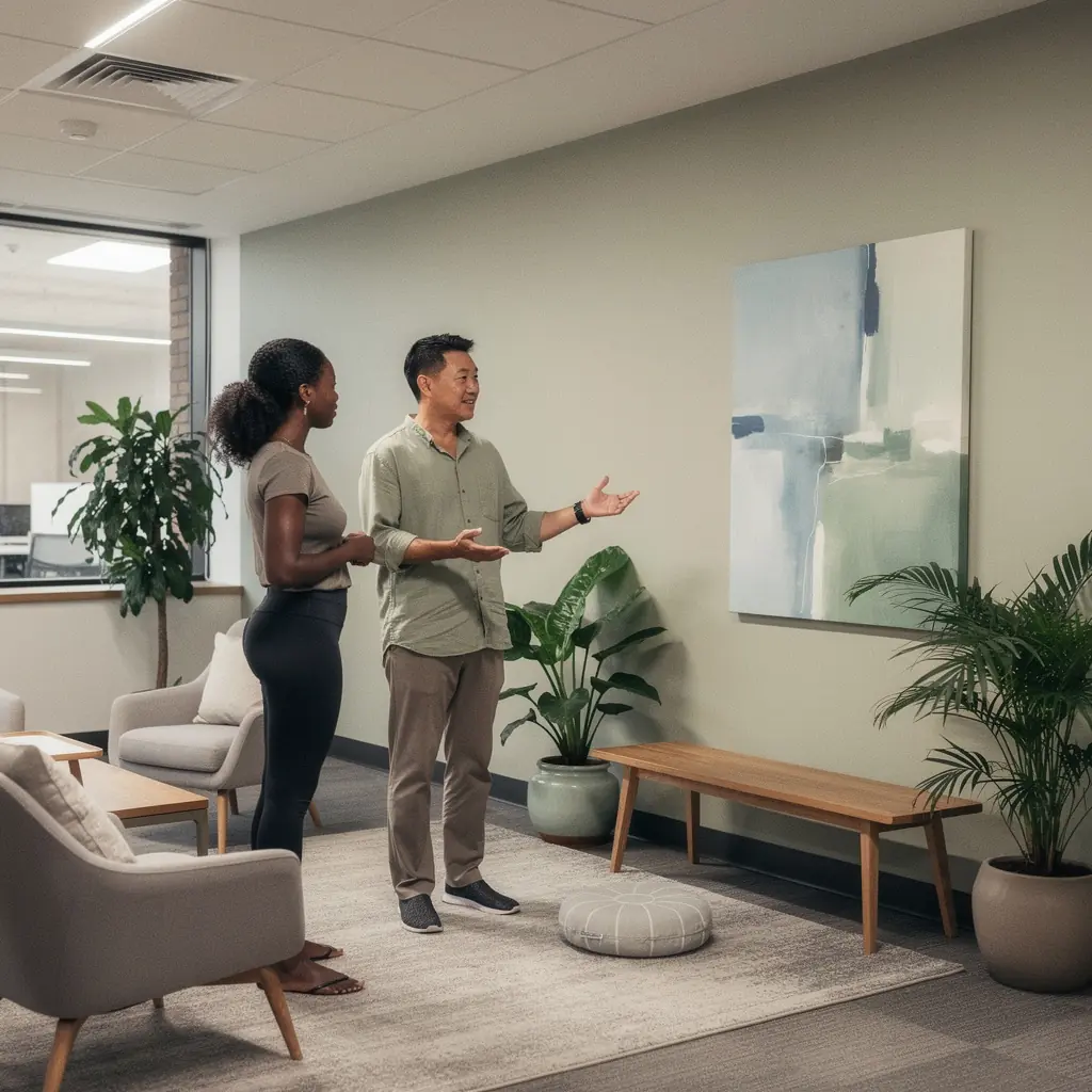 Nowoczesne biuro z przestronnymi stanowiskami pracy i minimalistycznym wystrojem.